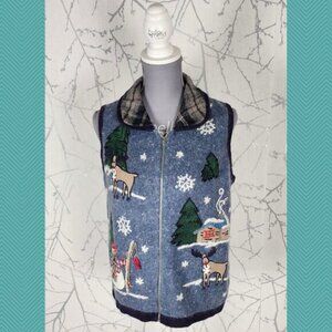 Ohi VTG Blue Ramie Angora Blend Winter Scenes Full Zip Sweater Vest